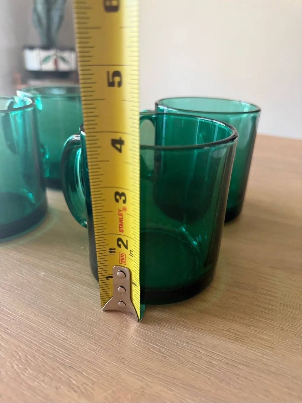 Vintage MCM emerald glass clear glass mugs (set of 4)